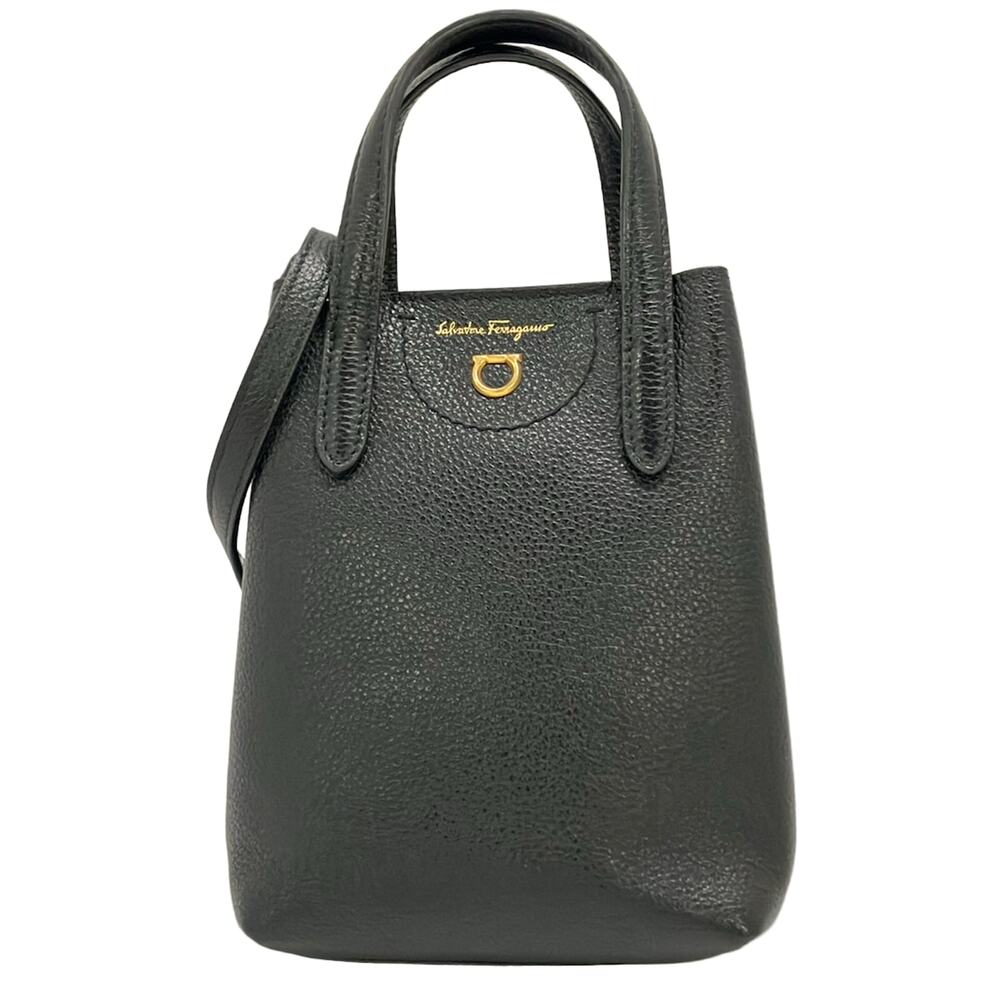 Salvatore Ferragamo Gancini Shoulder Bag Black Gold Leather Hardware